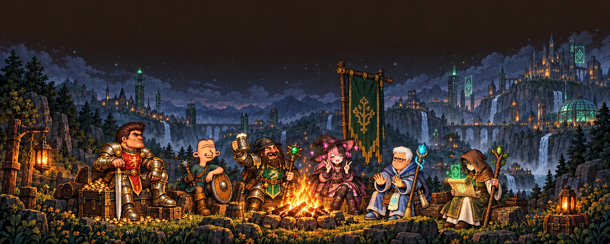 Clash of Meat heroes resting around a campfire above a castle town